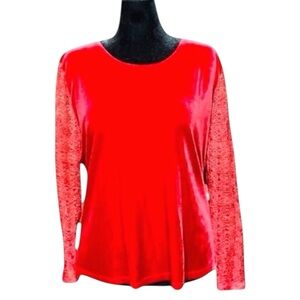 71. TOO HOT | Red Velour Long Sleeve lace top - see measurements